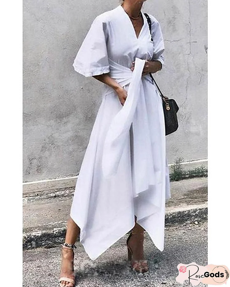 Women's A-Line Dress Midi Dress Half Sleeve Solid Color Summer Elegant White Black White Dresses Linen