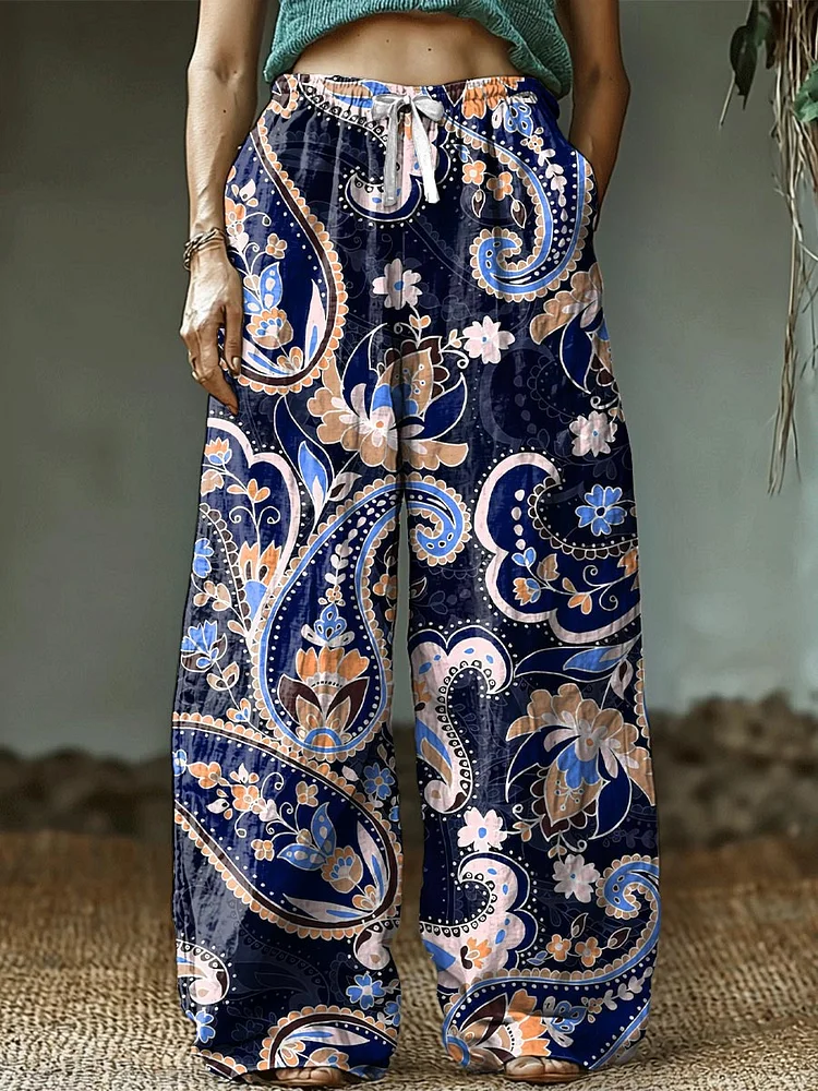Women's Navy Bohemian Print Cotton and Linen Pants
