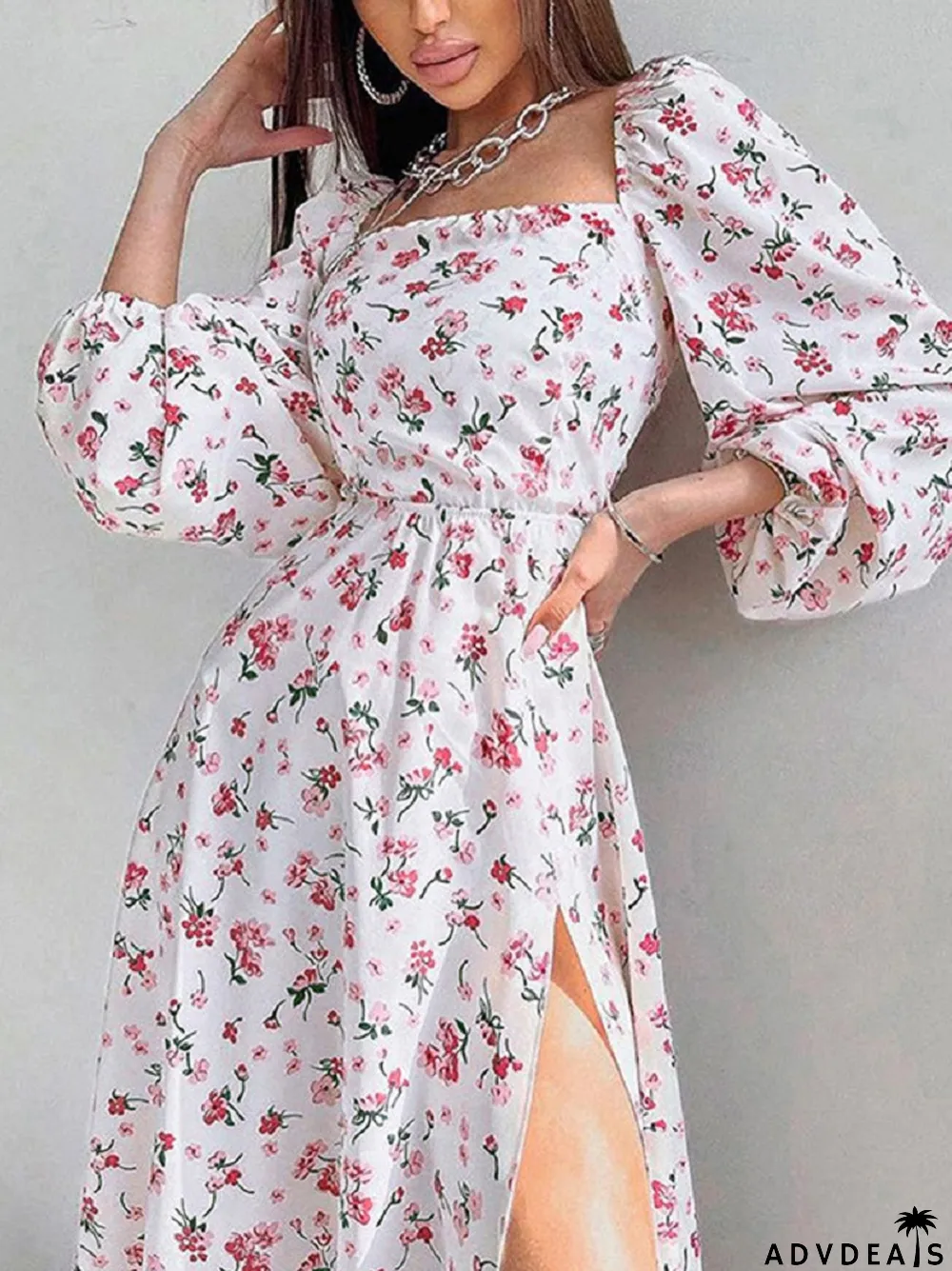 Sexy Elegant Square Neck Puff Sleeve Floral Backless Slit Wedding Guest Dress