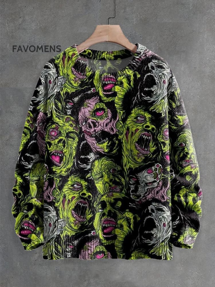 Rotten Zombie Group Decorative Pattern Knit Pullover Sweater Multicolor / S