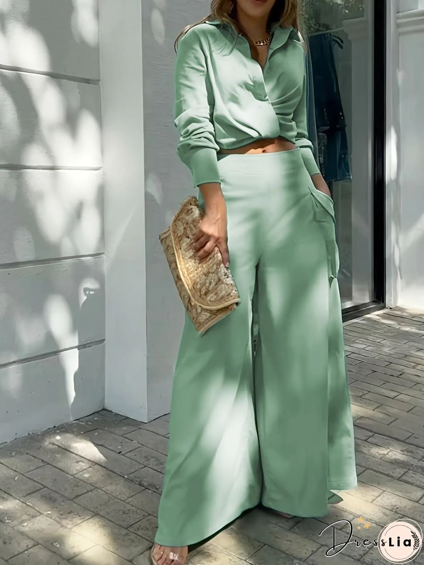 Casual Matching Two-piece Set, Long Sleeve Blouse & Wide Leg Pants Outfits, Women's Clothing