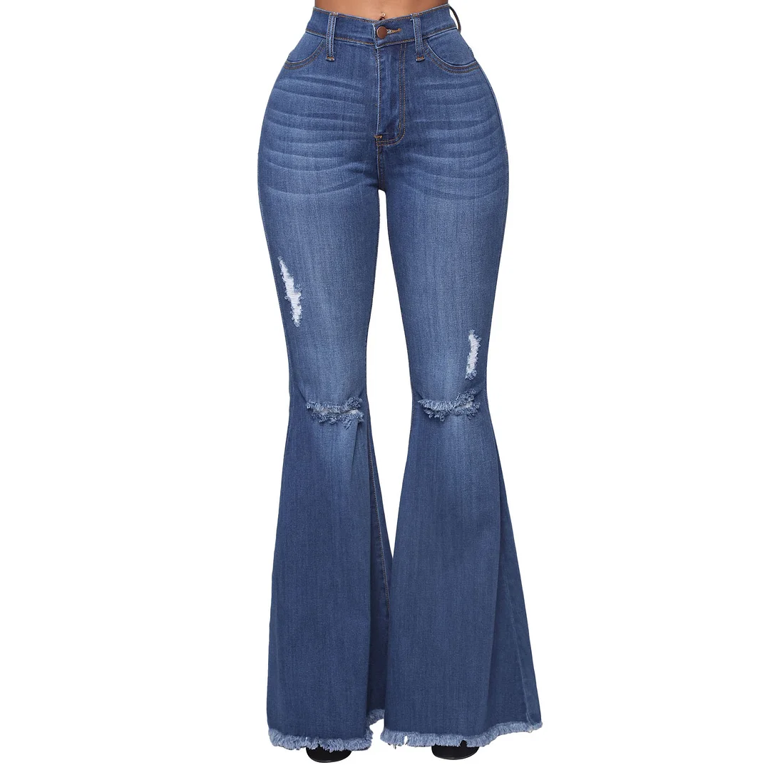 Women's High Waist Jeans Wide-leg Ripped Cowboy Flared Denim Jean Pant