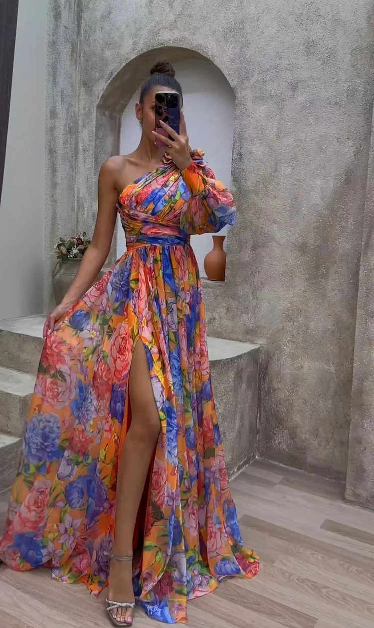floral one shoulder sexy long-sleeved dress