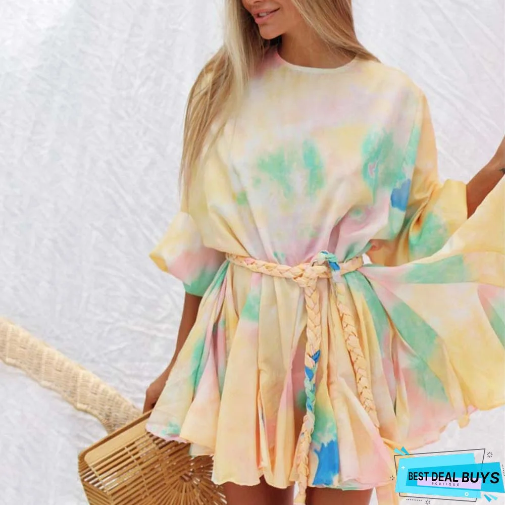 Hand-Woven Belt Lantern Sleeve Printed Dress