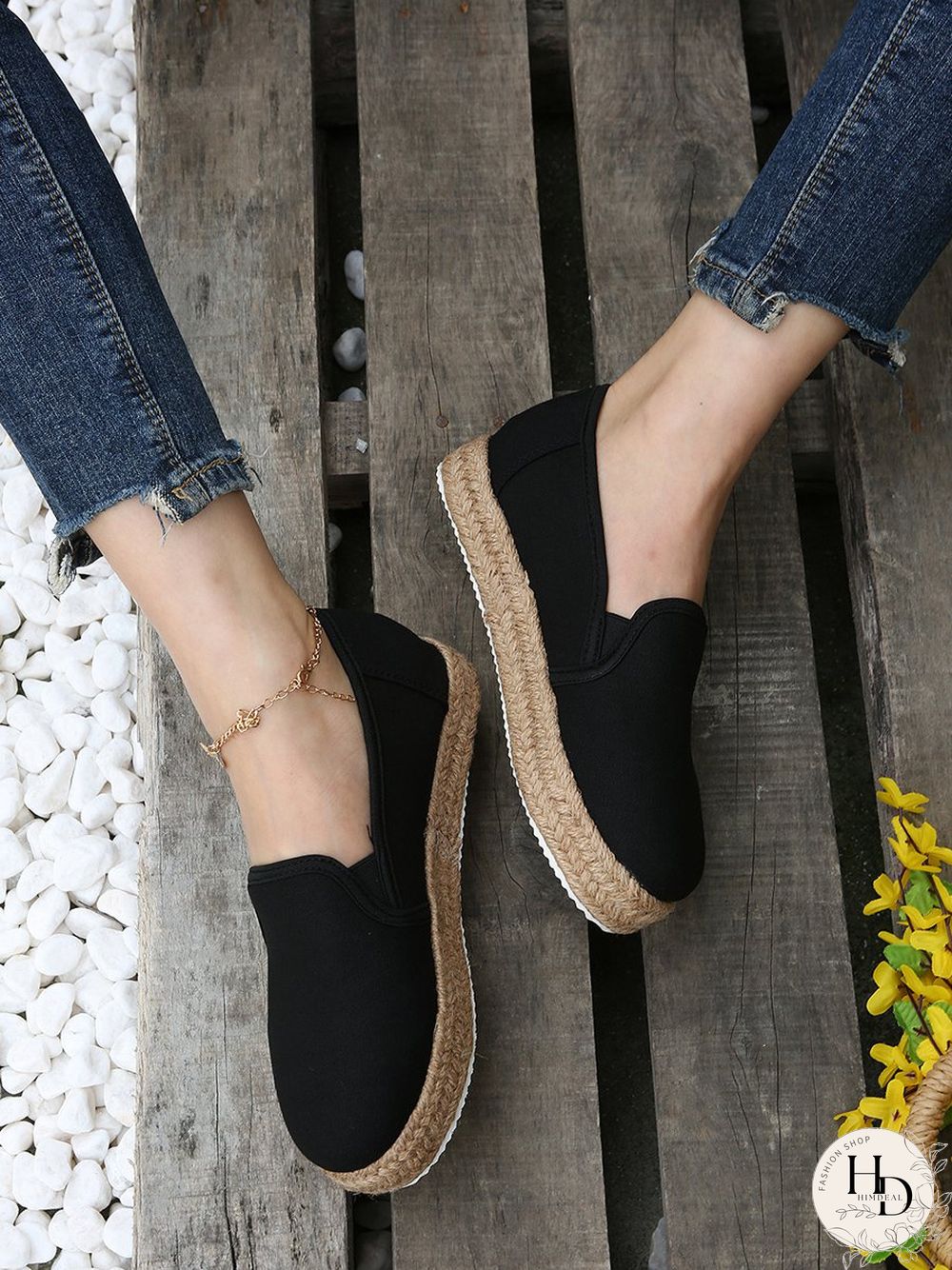 Black White Canvas Straw Platform Loafers