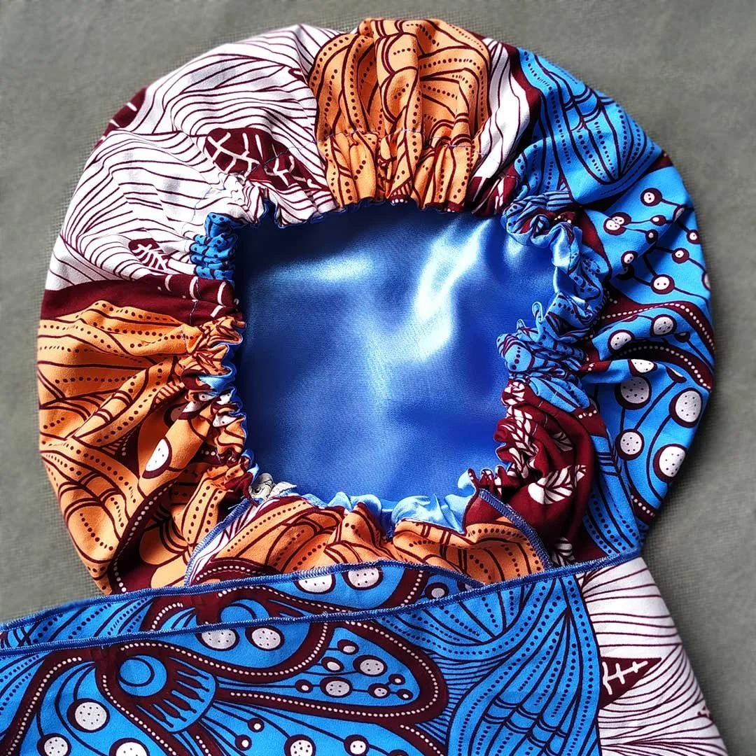 Brown African Print Patchwork Satin-Lined Bucket Hat, Headwraps