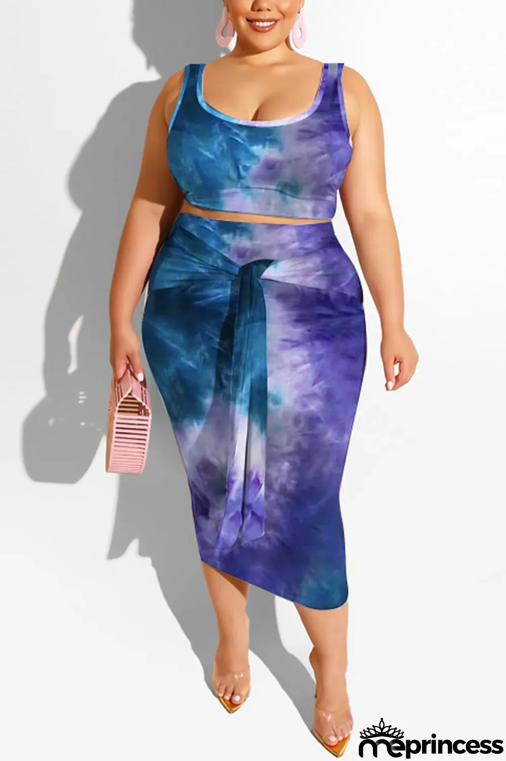 purple Polyester Sexy Slip Print Belt Tie Dye Plus Size