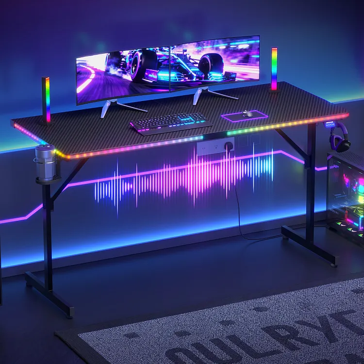 RSPGAME 55" Music Sync Gaming Desk with LED Lights, PC Computer Gamer Table with Cup Holder & Headphone Hook for Home Office Carbon Fiber Black