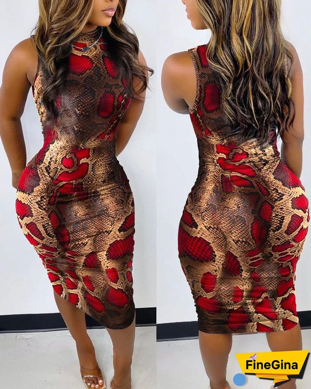 Snakeskin Print Sleeveless Ruched Bodycon Dress