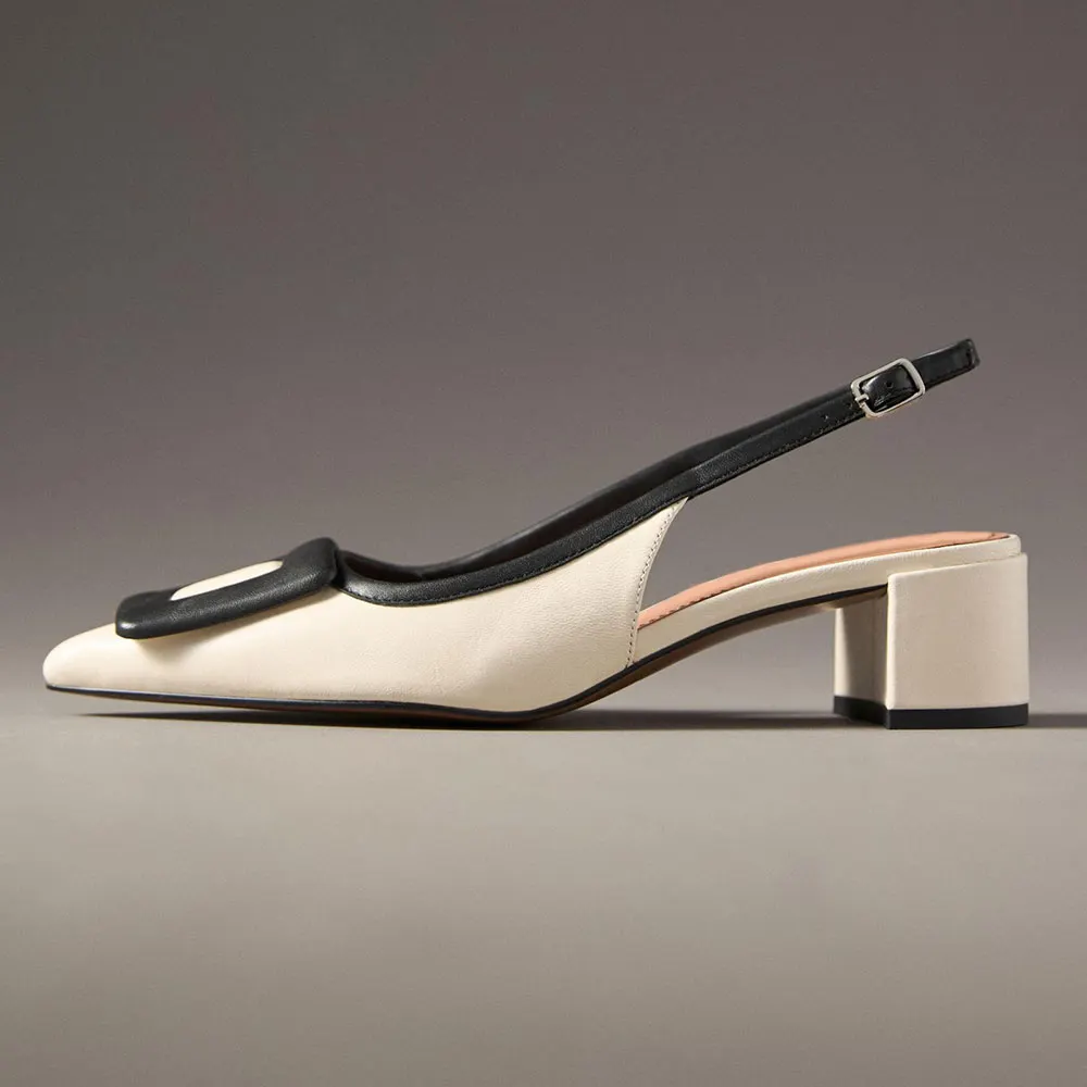 Ivory & Black Pointed Toe Block Heel Slingback Shoes with Buckle