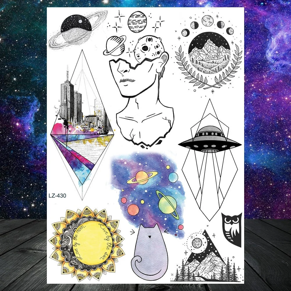 Realistic Fake Black Animal Temporary Tattoos Sticker For Men Women Geometric Wolf Outer Space Tatoo Temporary Decal For Kids