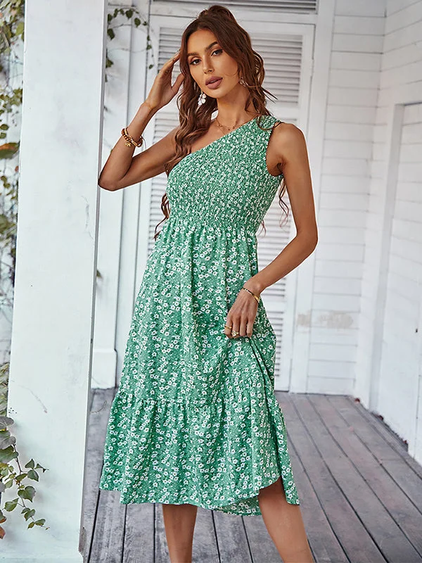 Vacation Sleeveless Floral Printed One-Shoulder Dress