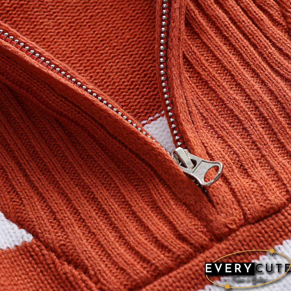 Rust Red Zip-up Stripe Print Knit Pullover Sweater
