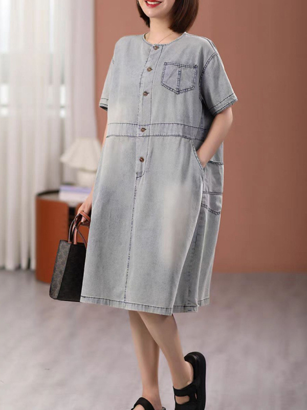 Single Row Buttons Short Sleeve Side Pockets Loose Vintage Denim Midi Dress