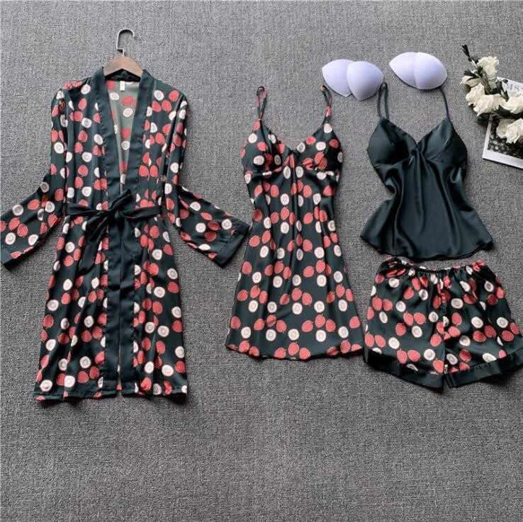 Uveng Uveng Sexy Home Large-Size Household Clothes Printed Four-Piece Fashion Comfortable Lace Lace Pajamas Set 2023