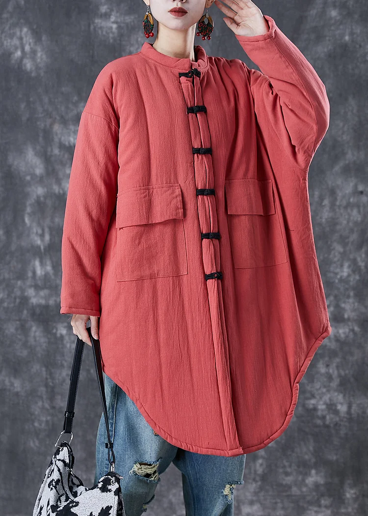 Chic Brick Red Oversized Pockets Fine Cotton Filled Women Witner Coats
