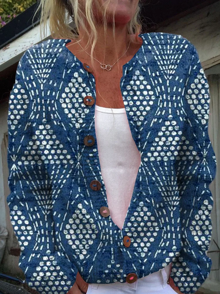 Women's Vintage Geometric Pattern Art Print Buttoned Cardigan Sweater