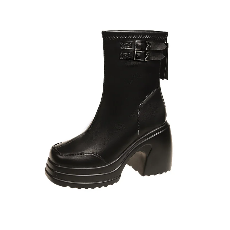 Tanguoant Tanguoant Bottom Martin Boots Women Wear Outside The New 2024 Autumn And Winter New Black Simple High Heel Ankle Boots Thick Heel Small Ankle Boots Back Zipper