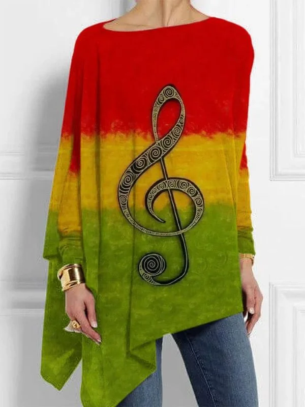 Reggae Print Loose Long Sleeve Pocket Tunic