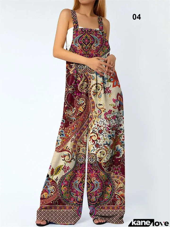 Women’s Ethnic Style Abstract Print Square Neck Long Jumpsuit