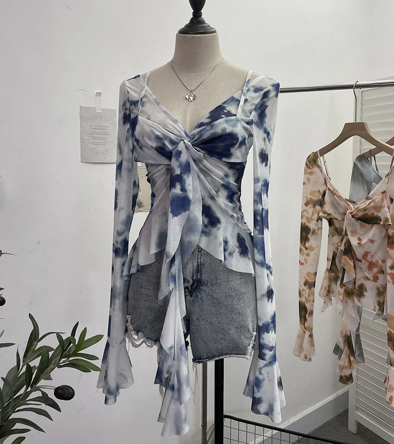 Uveng Irregular Kinking Of The Net Yarn Irregularly Kinked Lotus Lobe Slings Shoulder Horn Sleeve T-Shirt Short Top 2618