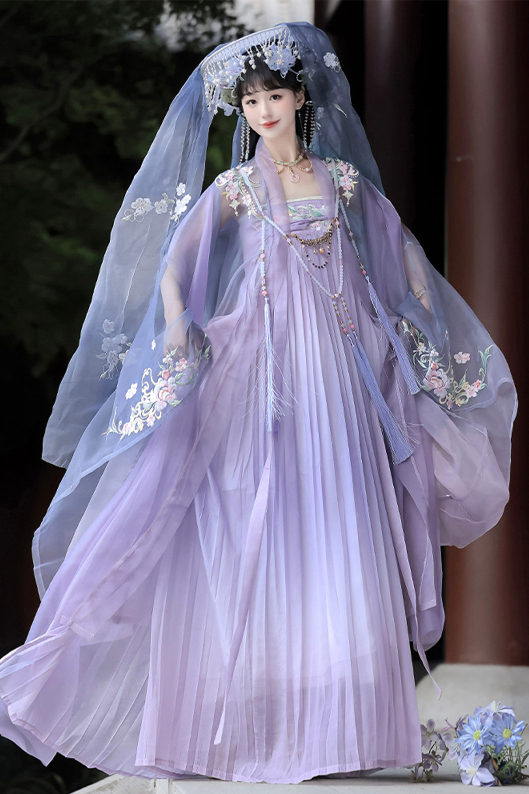 Tang Dynasty Gradient Green Hanfu Dress with Qixiong Ruqun and Wide Sleeves Fairy Style - wuyeshancha 雾野山茶 Stupa Stones