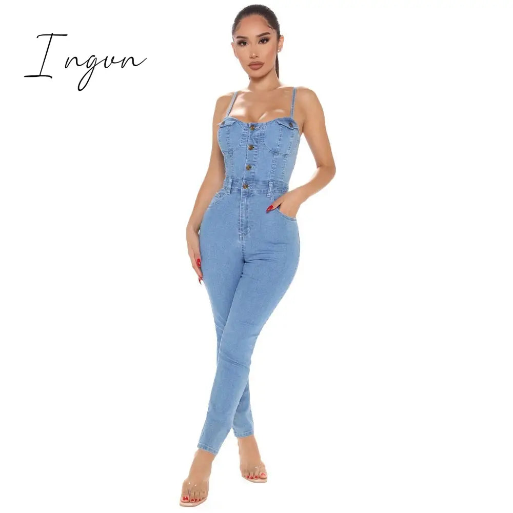 Ingvn - Sexy Skinny Open Back Suspender Jumpsuit Jeans Women’s High Waisted Small Leg Pants Show