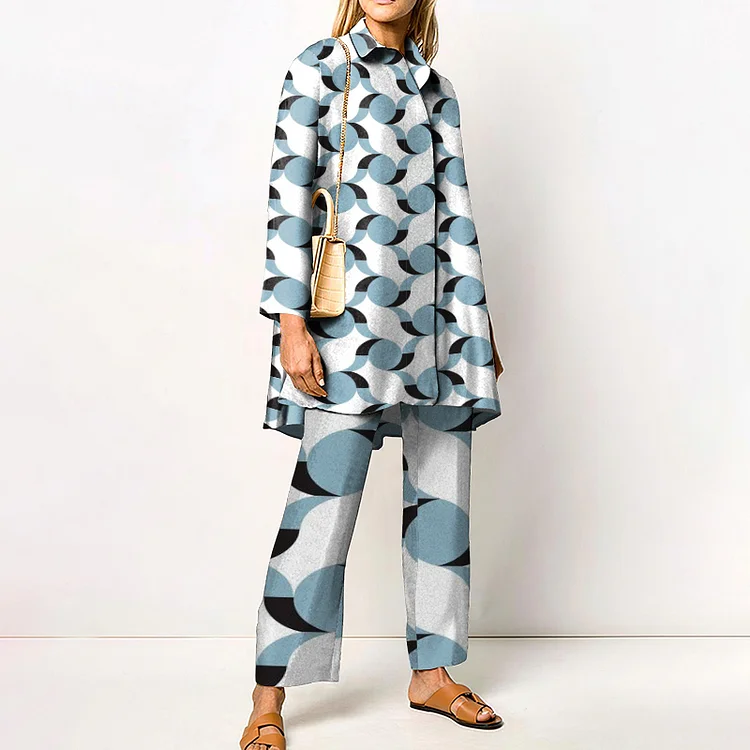 Lapel Blue Wave Print Two Piece Set