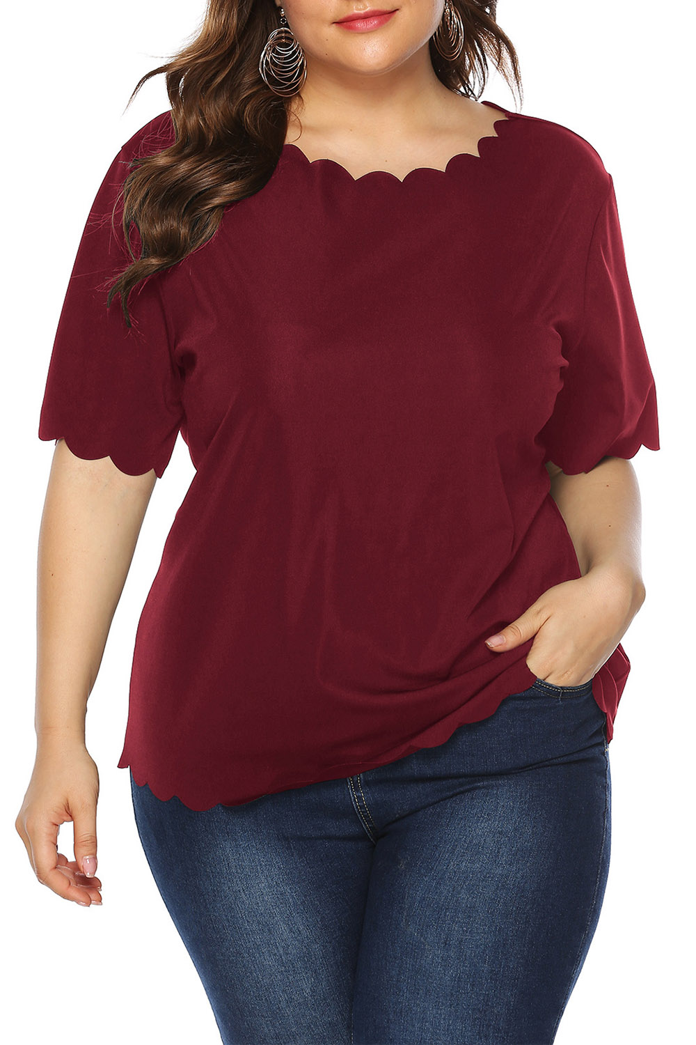 Plus Size Casual Claret Wavy Edge Short Sleeve Blouse