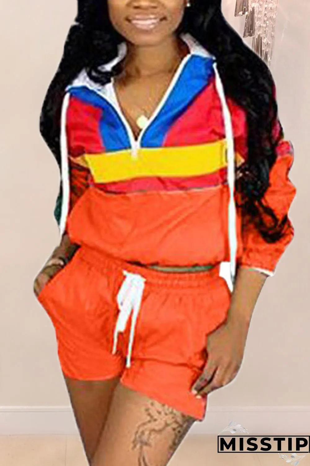 Green Casual Patchwork Sports Two-piece Set