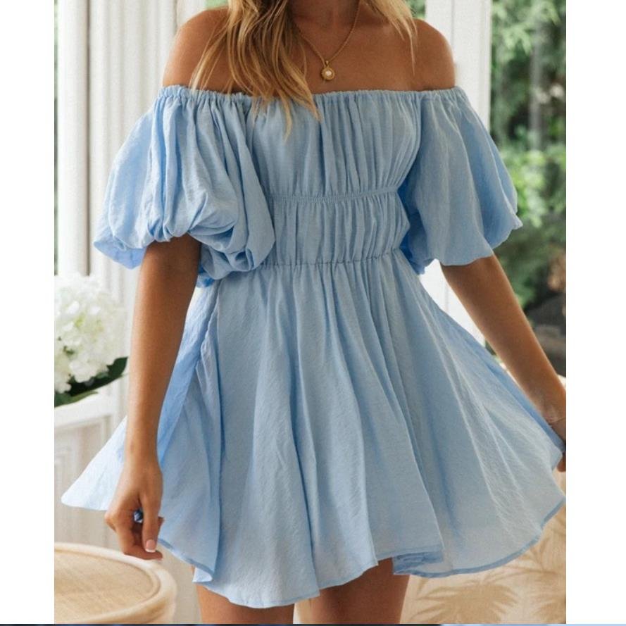 wsevypo Off Shoulder Flared Mini Dress Summer Women Solid Color Short Lantern Sleeve Short A-Line Party Vacation Beach Clothes