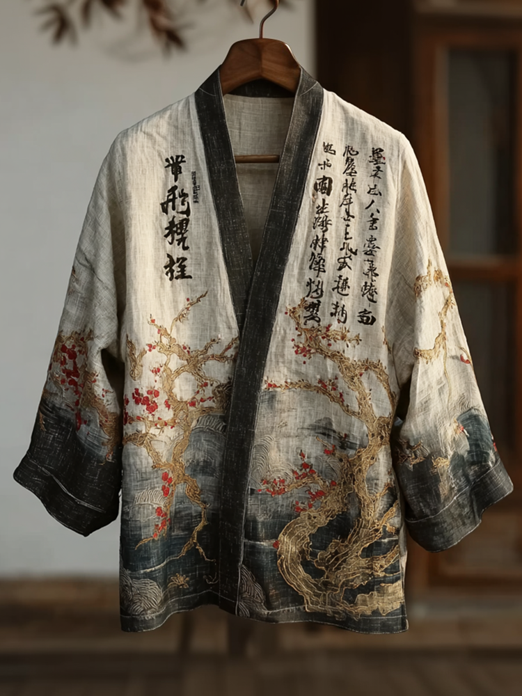 Men's Retro Line Art Pattern Casual Linen Kimono  artssus