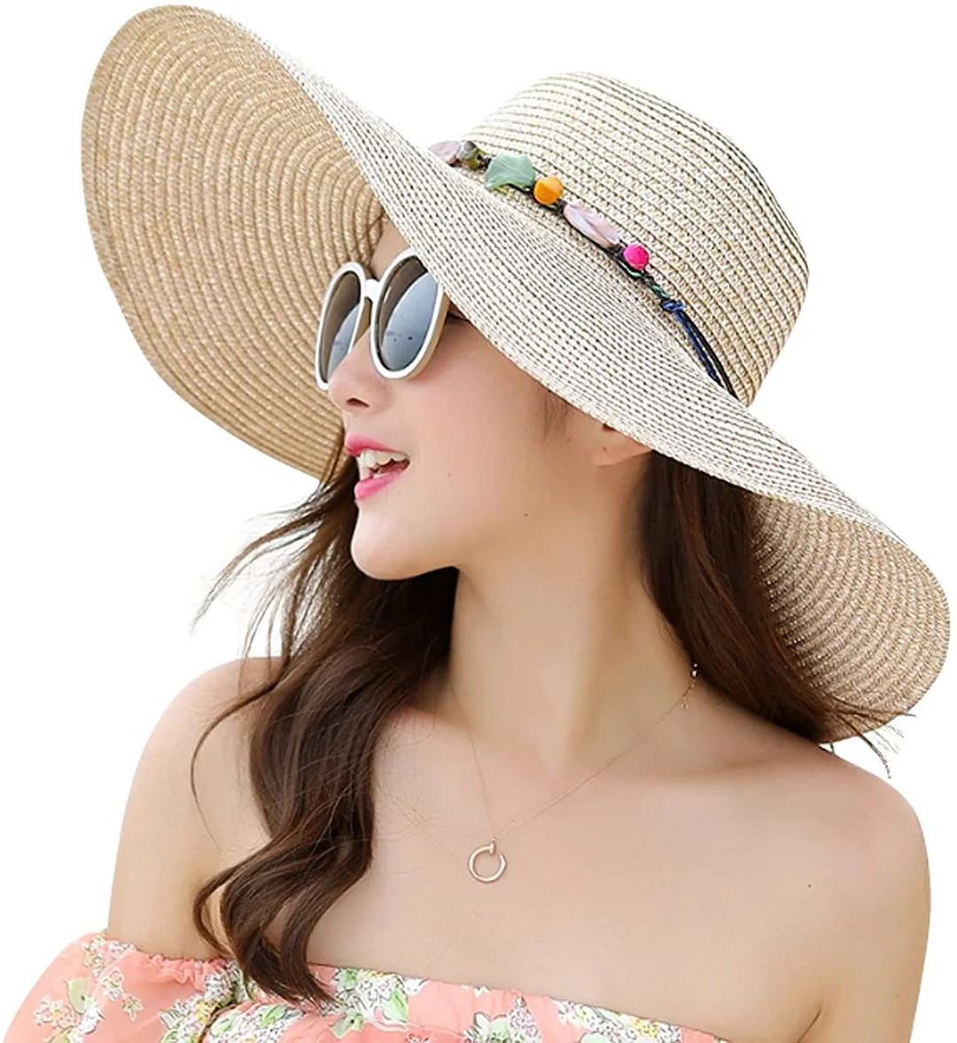 Women's Floppy Big Brim Hat Bowknot Straw Hat Foldable Roll up Sun Hat