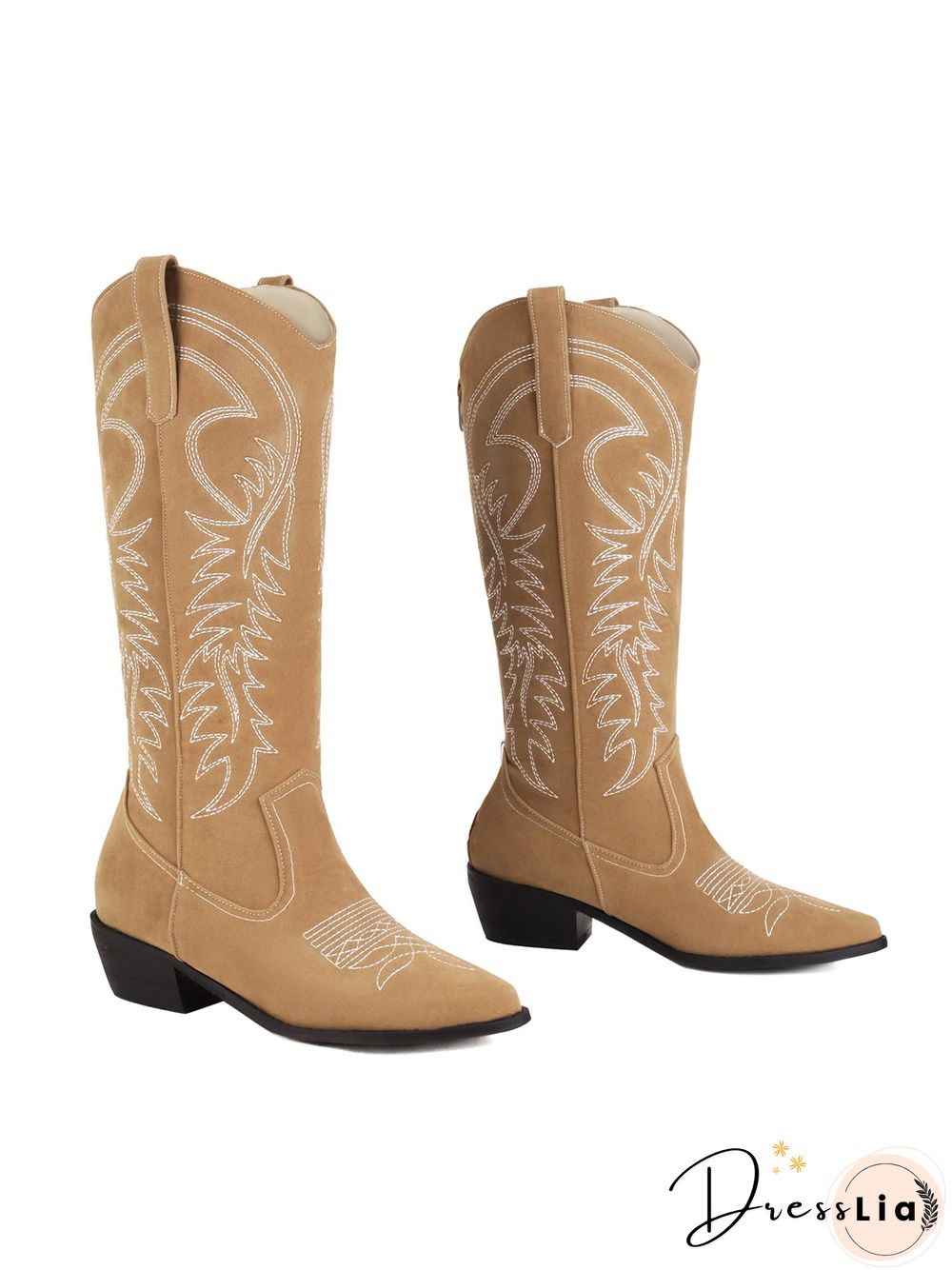 Embroidered Panel Plush Warm Pointed-Toe Cowboy Boots