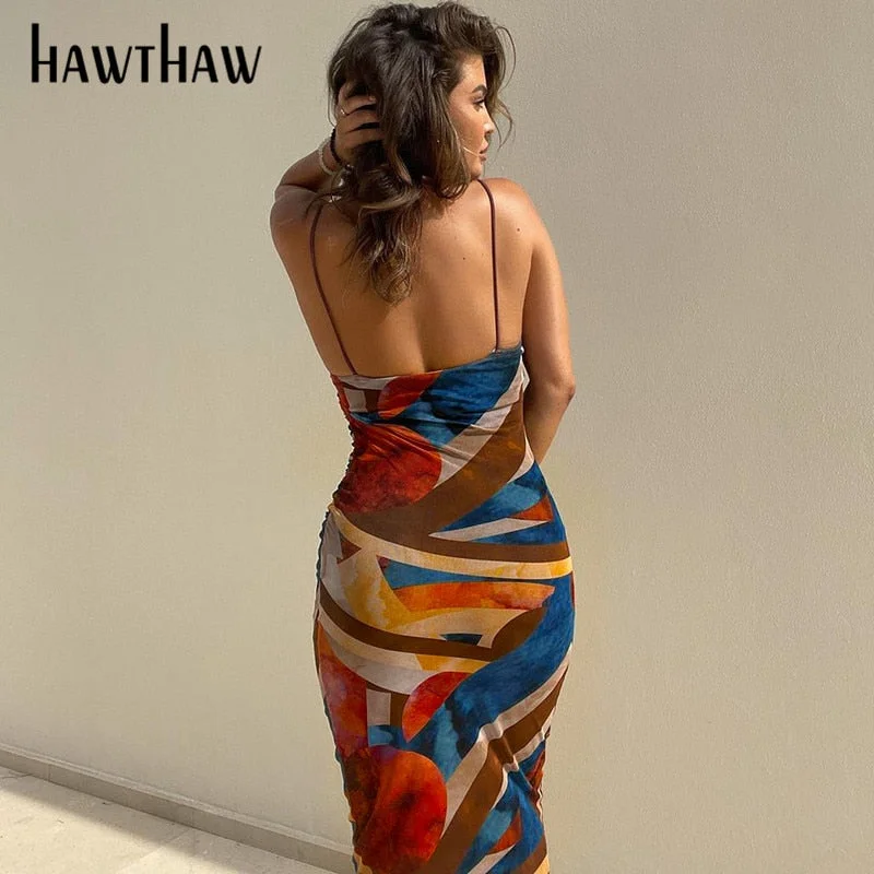 Hawthaw Women Fashion Summer Autumn Sleeveless Printed Bodycon Long Pencil Strap Dress 2021 Fall Wholesale Clothes Streetwear