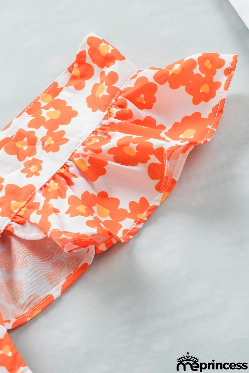 Orange Floral Print Square Neck Ruffle Tank Top