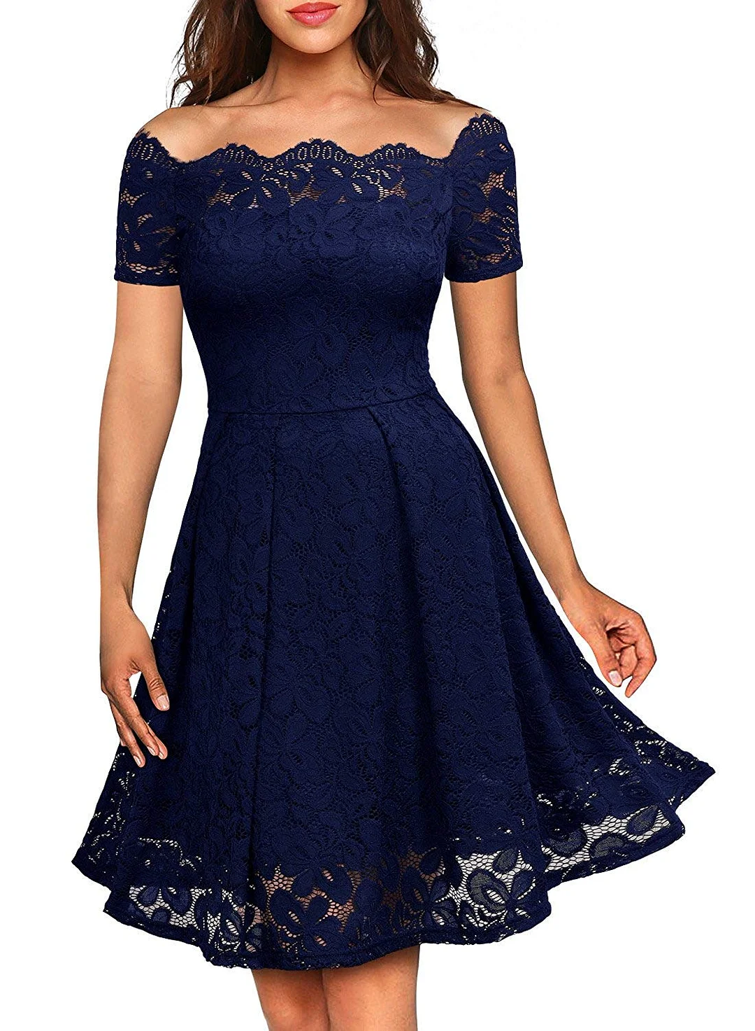 Party Swing Dress Women's Vintage Floral Lace Short Sleeve Boat Neck Cocktail Party Swing Dress