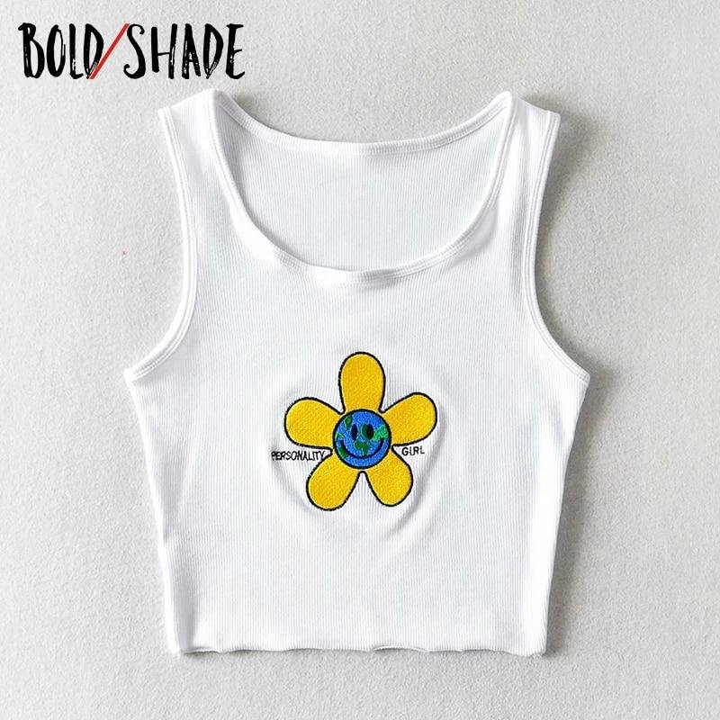 Bold Shade Indie Aesthetic Y2K E-girl Tank Tops Floral Letter Embroidery 2000s Vintage Harajuku Crop Top Women Streetwrear Tanks