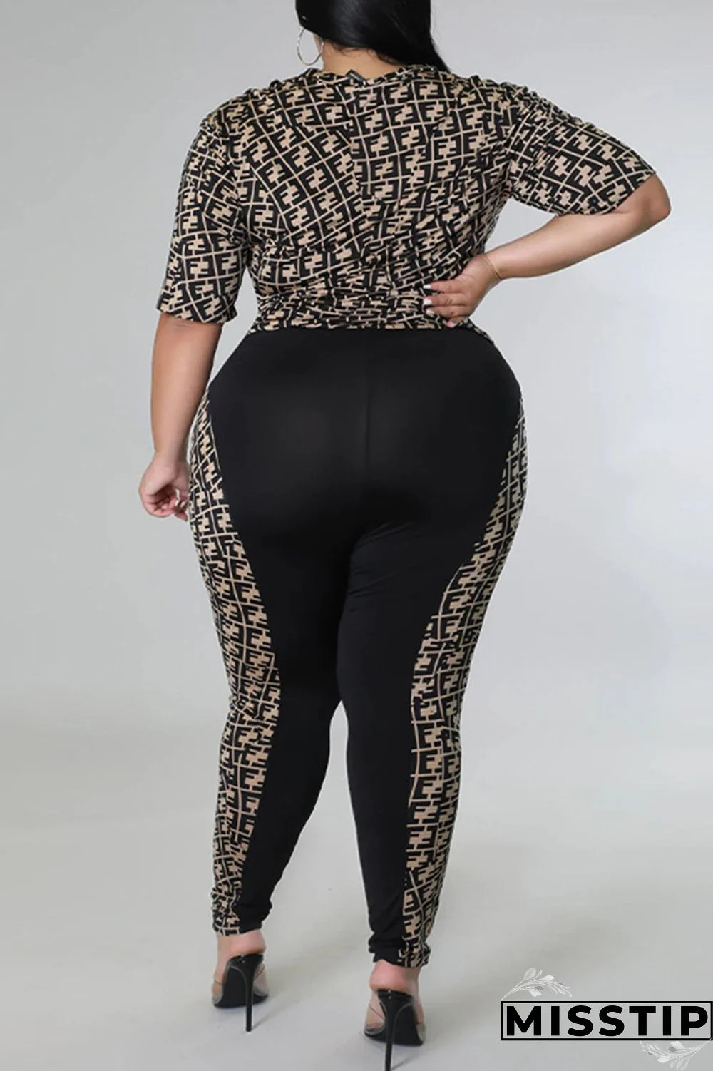 Black Fashion Casual Print Patchwork Zipper Collar Plus Size Two Pieces