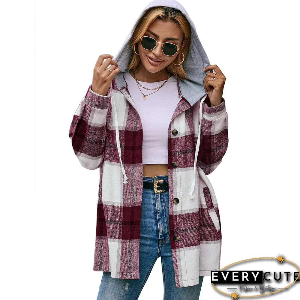 Wine Red Plaid Hooded Shirt Jacket