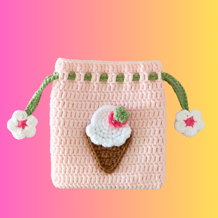Lulusnow Handmade Pink Icecream Small Money Pouch Crochet Mini Drawstring Bag