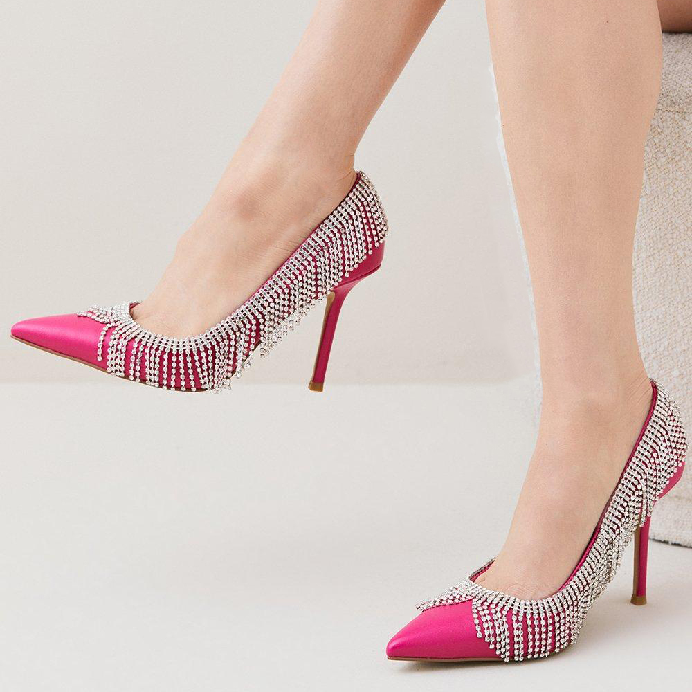 Elegant Fuchsia Pointed Toe Rhinestone Fringe Stiletto Court Shoes Nicepairs