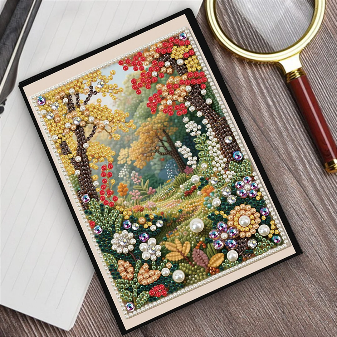 Autumn Forest Partial Pearl DIY 50 Pages A5 Diamond Painting Notebook Special Shaped Diamond Art Diary Book Kits Wireless Strip 5D Crystal Art Paintings Sketchbook for Art Drawing