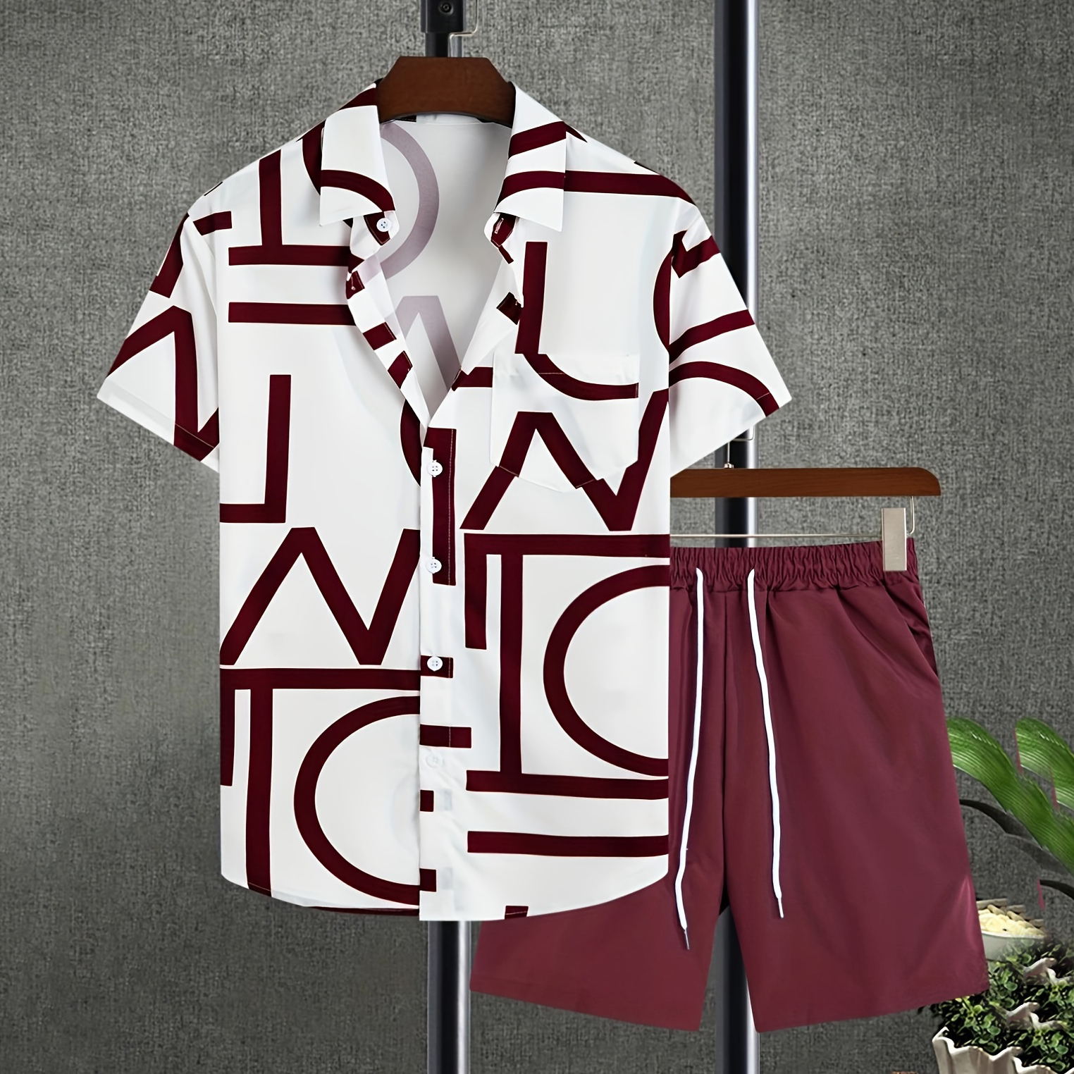 Men's Casual Geo Pattern Short Sleeve Shirt & Shorts 2Pcs Set
