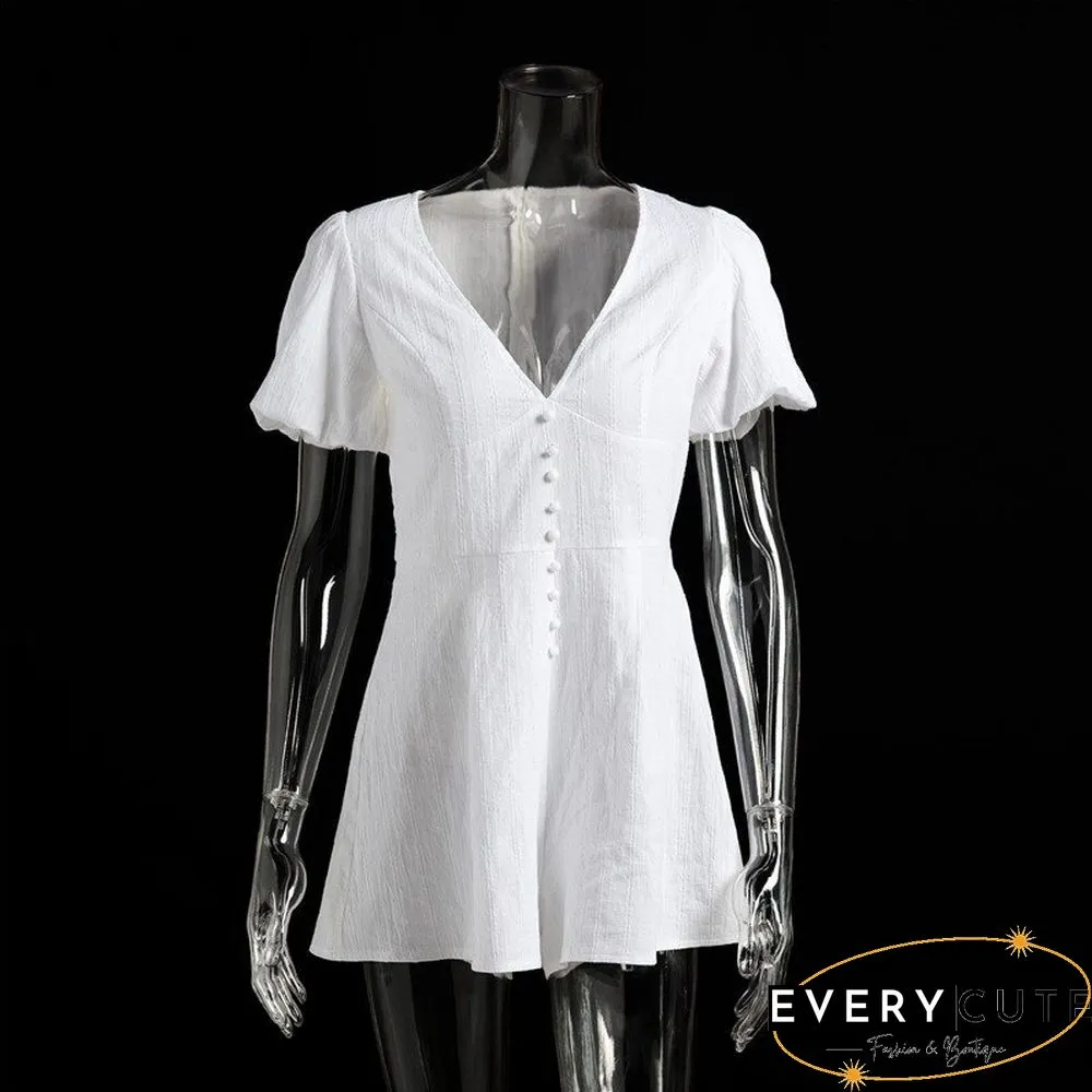 Women's Summer White Jumpsuit Puff Sleeve Deep V-Neck Casual Jumpsuit Retro French Jumpsuit Wide Leg