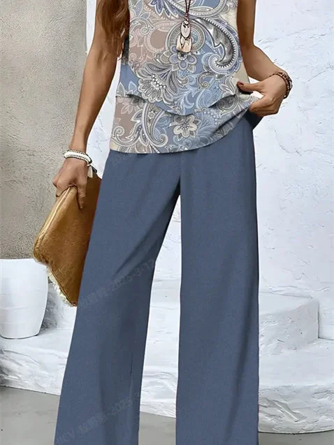 Women's Sleeveless Square Collar Graphic Printed Casual Set