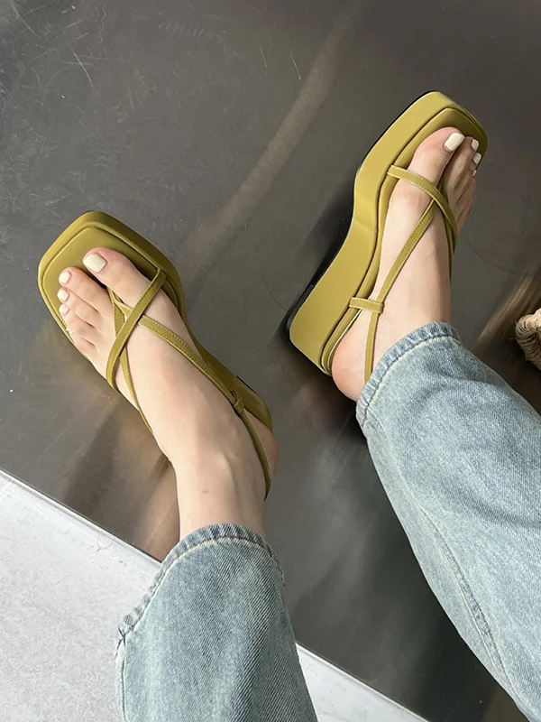 Square-Toe Solid Color Hollow Belt Buckle Sandals Platform Shoes