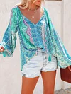 Floral Print V-Neck Long Sleeve Loose Casual T-Shirt Top