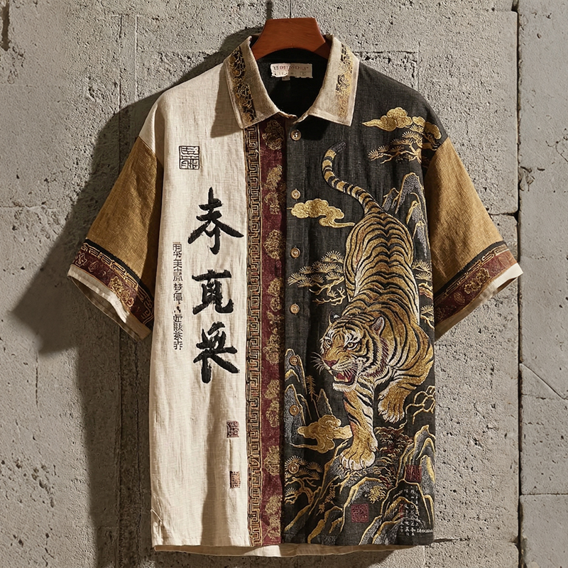 Comstylish Men's Japanese Style Tigers And Calligraphy Color Blocking Art Linen Shirt