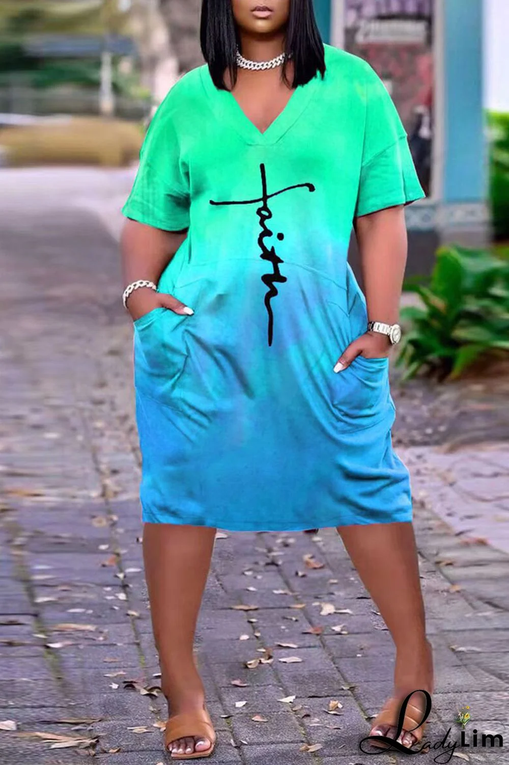 Yellow Casual Print Split Joint V Neck Straight Dresses